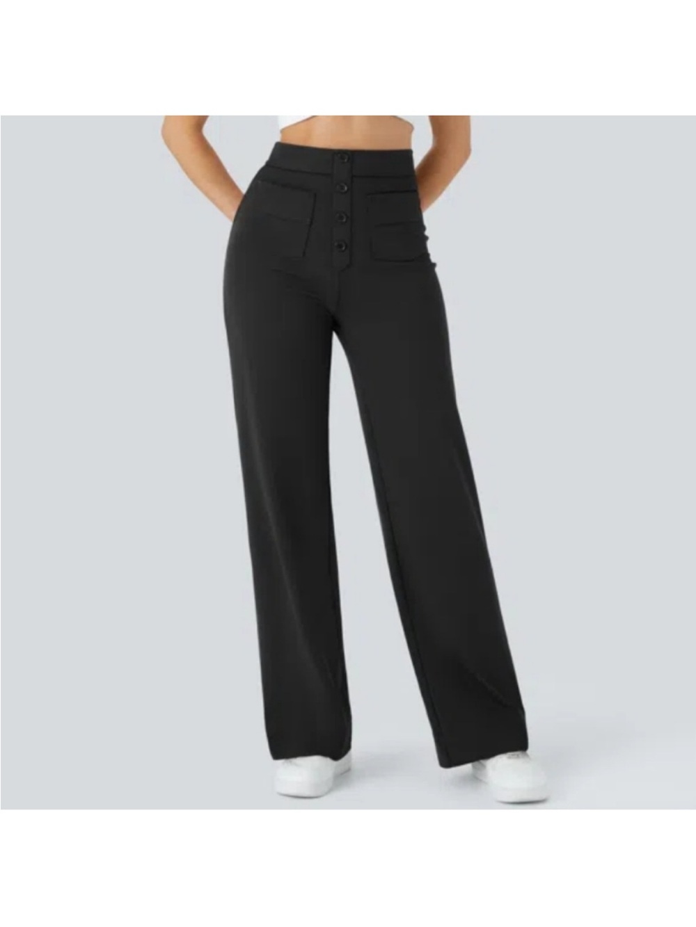 HALARA Black High-Waist Wide Leg Pants with Button Front